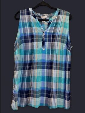 Catherines Sleeveless Plaid Tunic Top - Blue Teal-ptp 22.5
